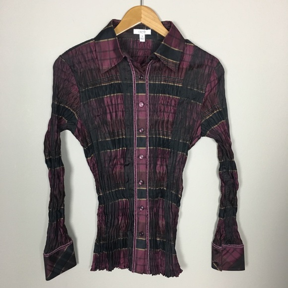 Cache Plaid Stretch Crinkle Button Down Shirt Small Christmas Holiday - Picture 7 of 7